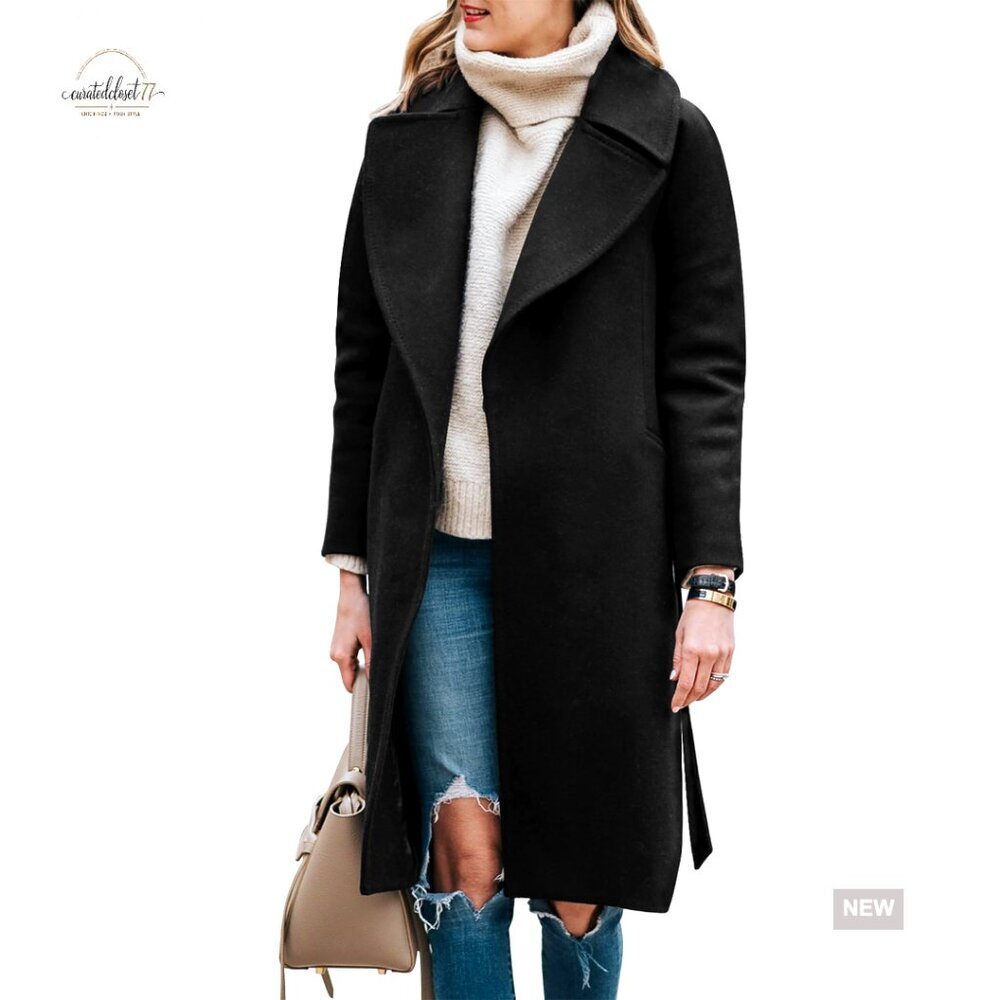 Long Wool Blend Pea Coat with Belt Notched Lapel Winter Overcoat